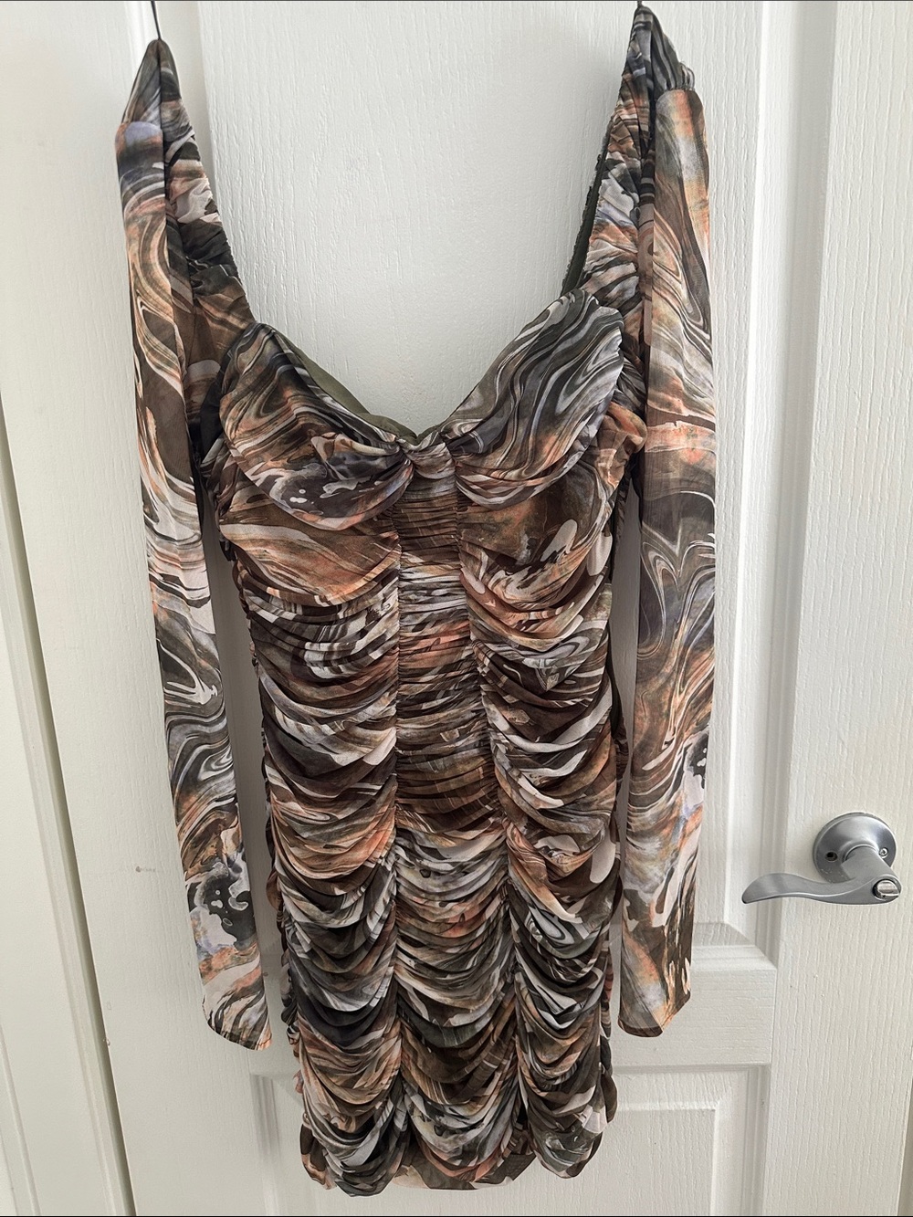 Zara Brown Green White Marble-Print Long Sleeve Ruched Dress